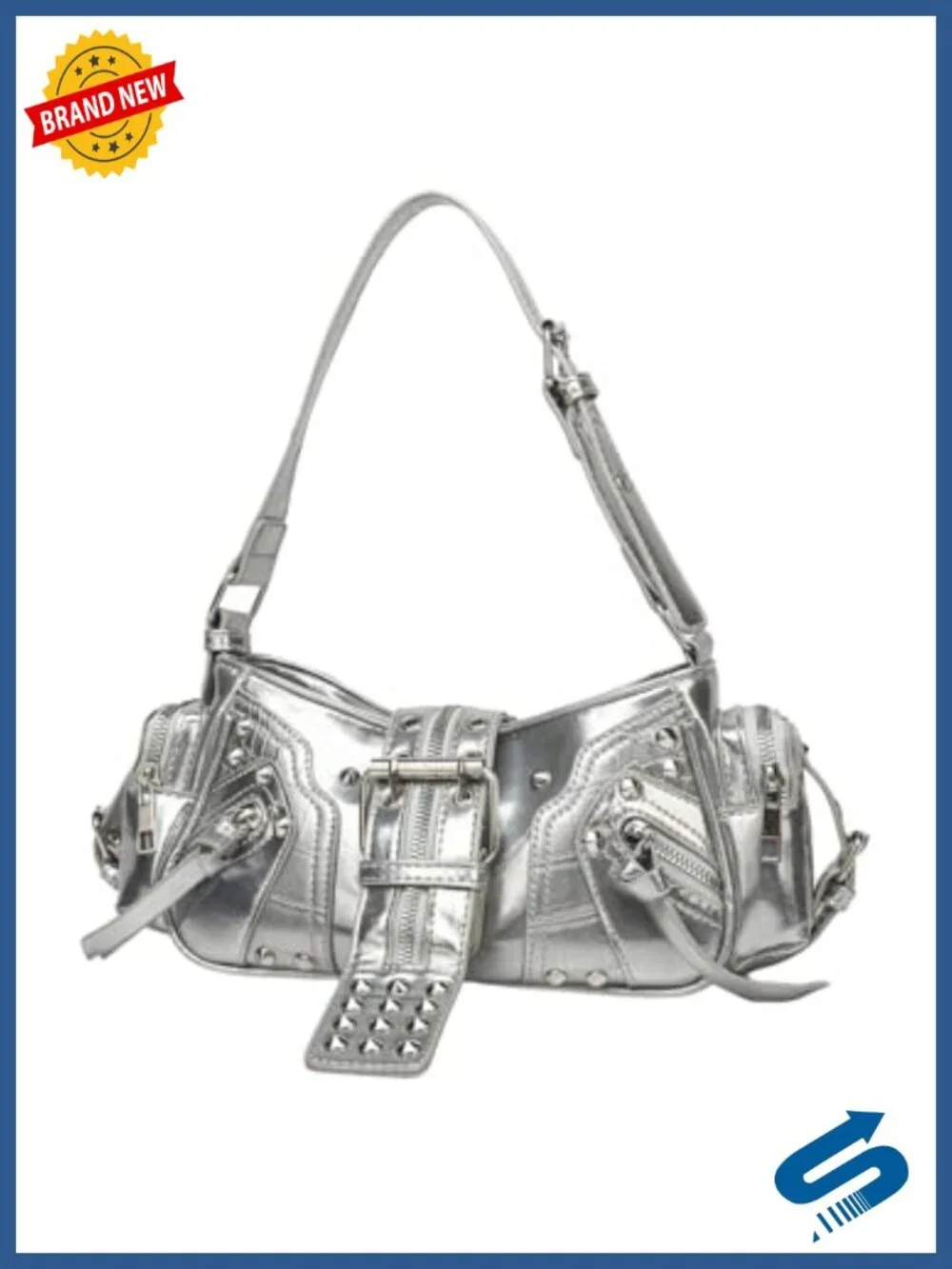 Studded Faux Leather Bucket Shoulder Bag Adjustable Strap Y2K Punk Vintage Tote
